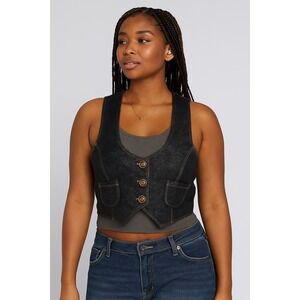 Bongo Y2K blue denim look‎ cotton 3 button vest cute retro stretchy size small